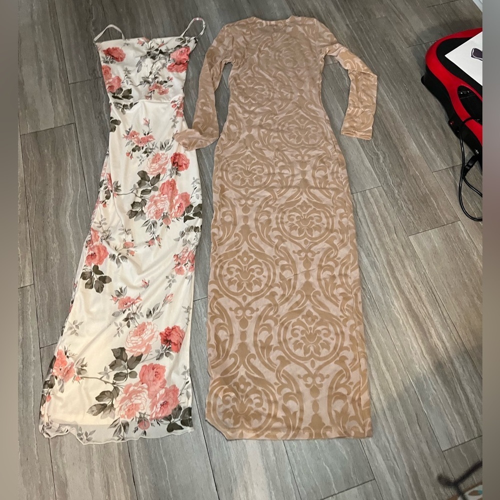 New Set 2 Floral Slip Long Sleeve Damask Bodycon Dress Cream Tan Rose Pink Nude